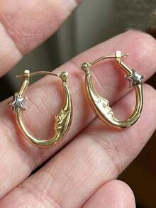 2pcs/Set Moon Portrait Geometric Hollow Out Earrings For Women, Multi-Color Metallic Fashionable And Simple For Parties And Vacations - Gold - View 3
