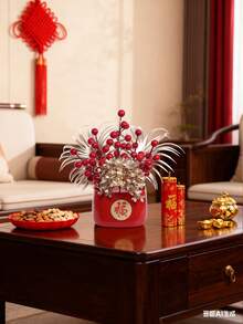 1件人造风水柑橘盆栽，家居客厅新年庆祝，寓意财源滚滚，乔迁新居红色植物盆栽装饰 - 紅色-1pc - 查看 11