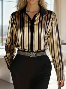 HOMEYEE Women's Elegant Blouse - Formal & Casual Fashion Office Party Top, Striped Contrast Button Commuter Shirt - Gold - View 9