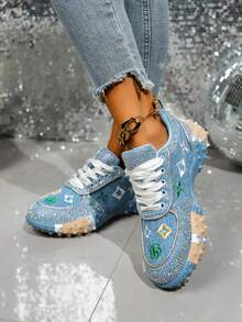2026春季新款水钻装饰女士运动鞋，透气休闲厚底鞋，时尚百搭派对鞋 - 藍色 - 查看 5