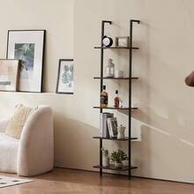 Ladder Shelf 5-Tier Bookshelf 15.6x11.8in Open Wall-Mounted Ladder Shelf With Metal Frame Storage Rack Sundries Holder For Kitchen Bedroom Bathroom Living Room Black - As Pic - View 2