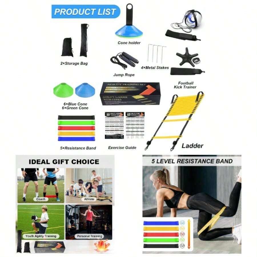 Speed Agility Training Equipment Set, Agility Ladder 20ft, 12 Cones, Resistance Parachute/Soccer Kick Trainer, Jump Rope, 5 Resistance Bands, Practice Equipment Adults - Set2 附踢腿訓練器 - 查看 1