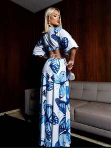 Vestido longo feminino estampado com manga morcego decotado cintura vazada e amarrações malha fluity - Azul Wander - Visão 3