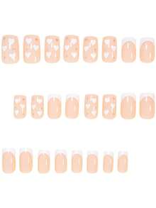 24pcs Medium Rectangular Shaped Press-On Nails - Minimalist & Fashionable Cute Classic White Striped Heart Glitter Shiny Design Artificial Nails, Suitable For Women's Daily Wear And Special Occasions, Parties, Celebrations, A Perfect Gift For Her, Nail Art Craft Gift, Exquisite Nail Art.