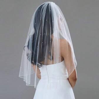 1pc Women's Pearl Short Veil With Hair Comb, Fashionable Bridal Wedding Headpiece