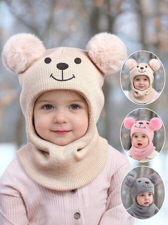 1 st. stickad mössa och halsduk för barn 1-6 år, set med dubbelbollar, balaklava med björnbroderi, mjuk och bekväm huvmössa, lämplig för höst/vinter utomhusvärme