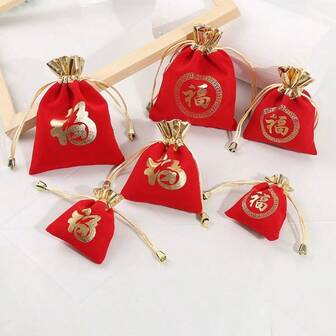 6 piezas Bolsas de regalo con cordón para Año Nuevo, Sobres rojos de terciopelo dorado con palabras de bendición para Año Nuevo, Bolsas de regalo de Año Nuevo, Bolsas de embalaje para recuerdos de fiesta de Año Nuevo, Sobres rojos
