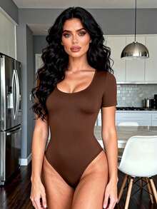 1pc Women's Solid Color Shapewear Bodysuit, Tummy Control Slimming Jumpsuit - Brown - View 6