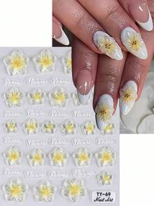 1片软胶莲花美甲贴纸，5D立体浮雕黄色仙女莲花美甲贴，彩色花瓣雕刻滑动美甲贴纸，DIY美甲装饰饰品 - 彩色 - 查看 4