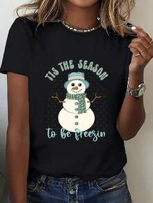 Womens Christmas T Shirt With Snowman Santa Claus Tree Print Soft Roun (2) - màu đen - Xem 1
