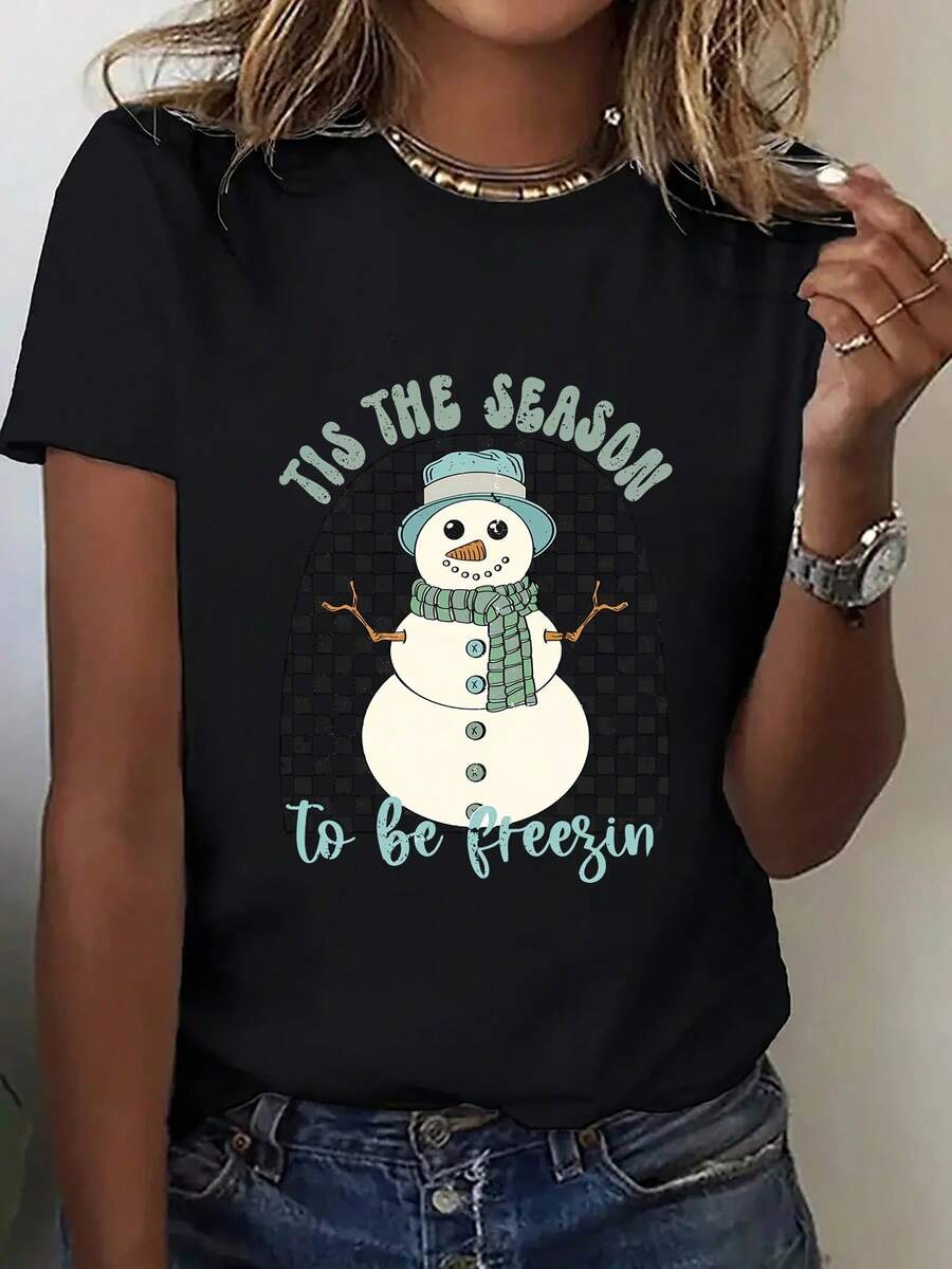 Womens Christmas T Shirt With Snowman Santa Claus Tree Print Soft Roun (2) - màu đen - Xem 1