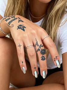 半永久纹身贴纸，图案简洁优美，包含玫瑰花瓣、艺术文字、花卉和蝴蝶，采用天然植物成分，适用于手指、耳朵、肩膀、脖子、锁骨等部位的临时纹身，可用于DIY、日常派对、节日礼物、身体装饰，可持续1-2周，不褪色、不反光、防水，逼真纹身贴纸。 - 藍色 - 查看 2