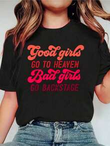 Buenas Chicas Van Al Cielo - Camiseta Casual De Moda Con Eslogan Atrevido Para Amigas Solteras, Camiseta De Cuello Redondo Con Estampado, Camiseta De Manga Corta Deportiva, Ropa De Mujer De Estilo Casual Inteligente/De Calle - Negro - Ver 1