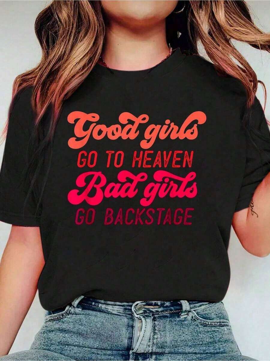 Buenas Chicas Van Al Cielo - Camiseta Casual De Moda Con Eslogan Atrevido Para Amigas Solteras, Camiseta De Cuello Redondo Con Estampado, Camiseta De Manga Corta Deportiva, Ropa De Mujer De Estilo Casual Inteligente/De Calle - Negro - Ver 1