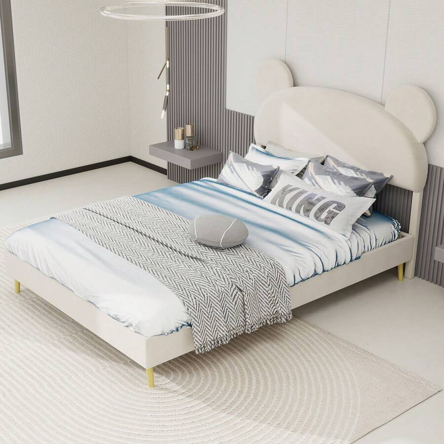 Modern And Minimalist Upholstered Bed With Cartoon Pattern Plush Headboard, 140 X 200 Cm, Beige, Multifunctional Bedroom Furniture, Discreet Solid Base (Without Storage), Mattress Not Included. - Beige + Fabric + Metal + Memory Foam - View 1