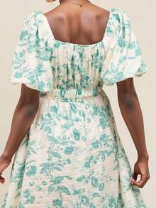 Maternity Ditsy Floral Bohemian Elegant Woven Fabric Drawstring Pocket Dress, Suitable For Vacation, Formal Events, And Everyday Wear, Spring/Summer - Mint Green - View 5