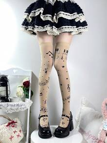 1 đôi tất dài đến đùi kiểu Lolita dễ thương với họa tiết nốt nhạc dành cho nữ - Nhiều màu - Xem 8