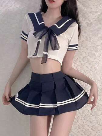 1 Set Women Student Style Minimalist Sexy Sleepwear, School Style JK Uniform, Sexy Alluring Front-Open Sleep Shirt, Sailor Suit Micro Mini Uniform Halloween, Party Dress