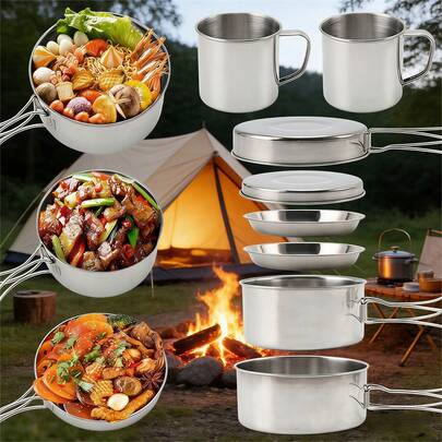 8pcs Camping Cookware Tableware Set, Stainless Steel Cooking Pots And Pans Set With Plates Cups For Outdoor Camping Hiking Picnic Backpacking Travel