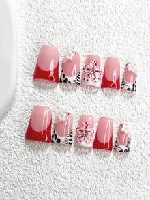 10pcs Elegant Red & White Nail Art Set, Hand-Painted French Manicure Stickers, Medium-Long Almond Shape Nail Stickers, Square Nails, Duck Billed Nails, 3D Floral False Nails, Leopard Print, Water Wave Nail Decorations, Red Nails, White Nails, Includes Tool Kit (1 Jelly Sticker + 1 Nail File), Suitable For Women And Girls, Daily Photo Shoots, Parties, Autumn/Winter Nail Supplies - Nhiều màu - Xem 16