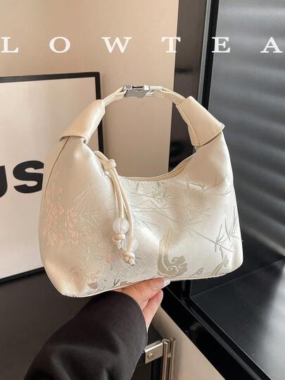  Low Tea 1件装中国风刺绣图案尼龙手提袋，适合购物、约会、送给女士的礼物、OL包，完美适用于办公室、大学、工作、通勤等场合。