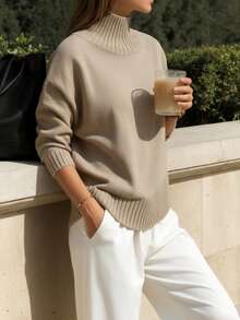GIGOGOU Áo len cổ cao cơ bản mới dành cho nữ, kiểu dáng rộng rãi, tay dài, ấm áp và mềm mại, thích hợp cho mùa thu. - Màu Khaki - Xem 6