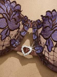 2pcs Women's Purple Floral Embroidery Sexy Lingerie Set, Sheer Playful Cropped Top And Bow Tie Panty, Comfortable Homewear Outfit - Coffee Brown - View 3