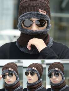 2pcs/Set Men's Knitted Beanie Hat And Scarf Set With Ear Warmer, Thermal Lined, Autumn/Winter - Multicolor - View 2