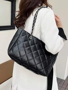 Women's Solid Color Embroidered Diamond Pattern Large Capacity Tote Bag, Versatile And Portable Soft-Sided For Travel, Visiting, Commuting - Black - View 7