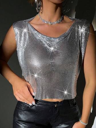 Women's Metallic Sequin Patchwork Crop Top, Suitable For Halloween, Stage Performance, Evening Party