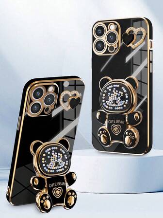 Funda de teléfono con oso de caramelo arcoíris chapado en electroplata, nueva tecnología de electrochapado anti-caídas + soporte oculto chapado en electroplata + juego completo de fundas de teléfono compatibles con 17 16E 15 14 13 12 11 X XS Max XR Pro Plus, Galaxy S25 A07 A17, OPPO, HONOR, REDMI NOTE, REDMI A5, REALME C55, INFINIX SMART, Reno, MOTO