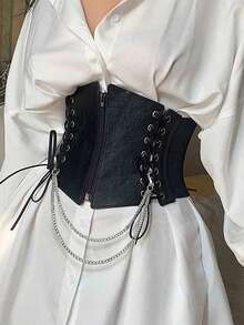 1件女士复古风配饰黑色朋克风抽绳可调节束身腰带，适合万圣节之夜或日常穿着 - 黑色 - 查看 4