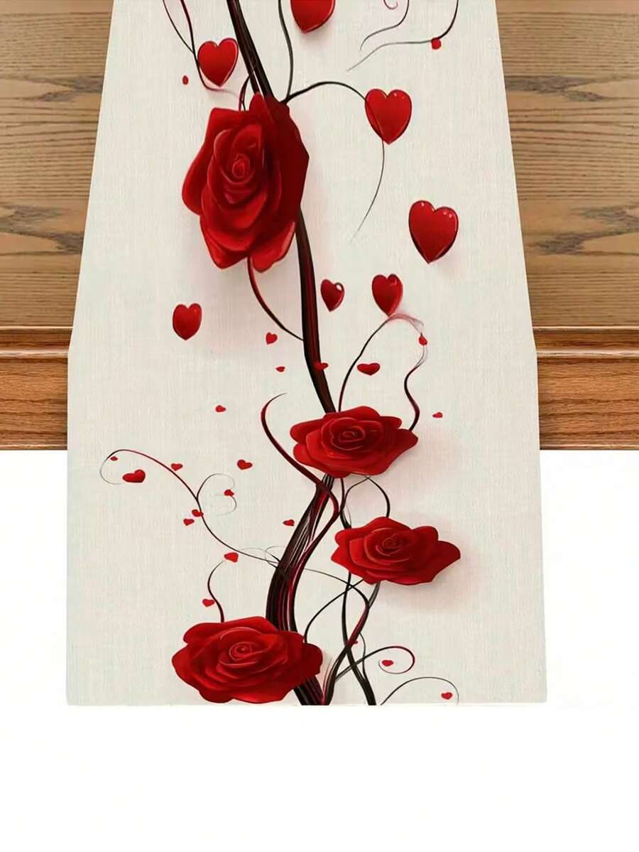 1pc, Romantic Red Rose Heart Pattern Table Runner, Warm Home Decor For Festive Celebrations And Various Occasions To Add Love & Elegance(13x35.4/47.2/63/72/78.7 Inches) - Rose Red - View 1