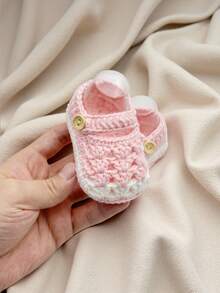 1 Pair Handmade Crochet Infant Booties, Soft Green And White , Button Closure Infant Shoes - Baby Pink - View 2