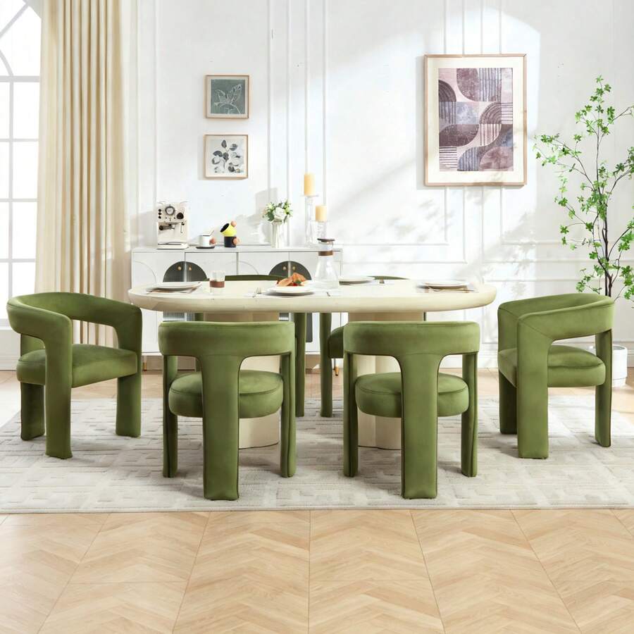 JIEMAX Modern Minimalist Green Velvet Dining Chairs – Plush Upholstered Seat With Wide Integrated Armrests & Sturdy Thick Block Legs, Stylish Accent Chairs For Dining Room, Living Room, & Home Office - 綠色 - 查看 1