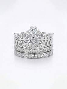 奢华皇冠公主风格戒指镶嵌方晶锆石，适合女性在婚礼、订婚和节日佩戴，可作为礼物 - 銀色 - 查看 9