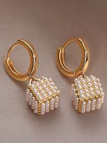 1 Pair Elegant French Style Pearl Square Hoop Earrings, Fashionable & Versatile Jewelry