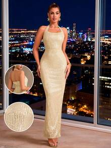 CHOSMO Váy cổ yếm hở lưng đính sequin thanh lịch dành cho nữ, thích hợp cho đám cưới, tiệc tùng, sinh nhật, kỷ niệm, tốt nghiệp, lễ hội âm nhạc, cocktail, bữa tối trang trọng, chụp ảnh, vũ hội, du lịch, sân khấu và hòa nhạc - Rượu sâm banh - Xem 4