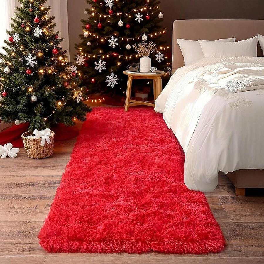 Soft Fluffy Shag Throw Area Rug, 2x4 Black, Non-Slip Bedroom, Hallways, Bedside, Dorm, Living Room - Long Shaggy Rug - Red - View 1