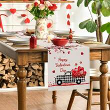 1pc Valentine's Day Truck Tabletop Flag, Cotton Linen Tablecloth, Tablecloth, Scarf, Party, Wedding, Coffee/Dining Table Runner, Love Home Decor