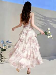 Spring Summer Elegant Floral Party Evening Dresses Women Chic Ruffle Chiffon Fairy Dress Valentine's Day Pink Clothes 2026 New Spaghetti Strap Sleeveless Beach Outfit Pink Clothes Mujers Robe - Pink - View 3