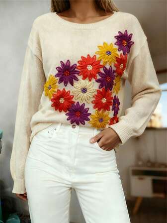 1pc Floral Print Knitted 3D Embroidered Pullover Sweater For Women, Casual & Holiday Wear, Autumn/Winter