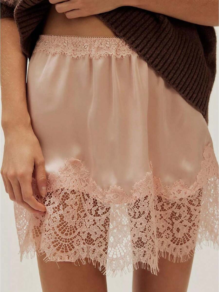 Women Lace Trim Silk Mini Skirt Y2k Lacy Satin A Line Half Slip Short Skirt Cute High Waist Underskirt - 粉色 - 查看 1