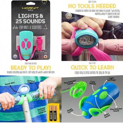 Hornit - Mini bocina para Bicicleta y Scooter con Faro para niños(Rosa, turquesa)