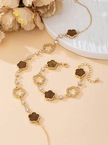 1pc Brown Clover Pendant Necklace With Rhinestones, Elegant High-End Women Jewelry Set With 1pc Bracelet, Gift For Valentine's Day - Brown - View 3