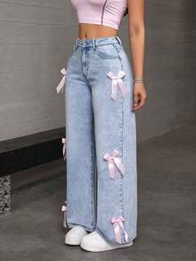 Women's Casual And Fashionable Loose Straight Leg Jeans, Paired With Bow Decorations, Charming And Beautiful, Suitable For All Seasons, Mid Waist Shooting, Suitable For Parties/Dances, Parties, Birthday Parties, Banquets, Nightclubs, Nightclubs, Music Festivals, Concerts ,Valentine's Day, - 淺藍色 - 查看 2