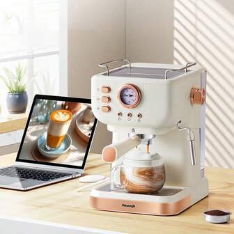 Aeomjk 1,5 liters espressomaskin med temperaturdisplay, enknappsmanövrering, halvautomatisk, mjölkvit färg