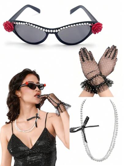 3pcs 20th Century 1920s/1940s Elegant Jazz Era Fashion Accessories Set, Vintage High-End Outfit: Black & White Mesh Polka Dot Gloves + Rose Rhinestone Glasses + Pearl Bow Tie Necklace, Suitable For Retro Party, Christmas, Valentine's Day, 1920s/1940s Party, Holiday Party, Masquerade Ball, Bachelorette Party