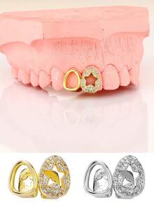 Unisex Gold Tooth Grillz, Hollow Heart, Star, Apple Shaped Zirconia Tooth Caps, 14K Gold Plated, Suitable For Cosplay, Fashion Parties, Holiday Couples Gifts - Multicolor - View 6