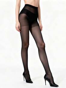 女士透明T恤式长裤，超薄性感黑色过膝袜，一次性过膝袜，20D极简纯黑色过膝袜，适合搭配连裤袜。 - 平檔(黑色) - 查看 6